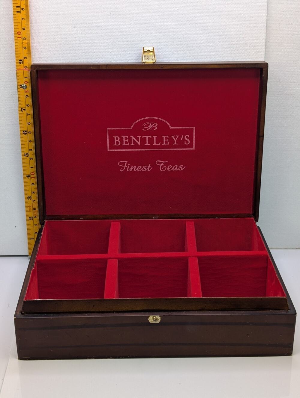 Bentley's Finest Teas Wooden Tea Chest Box 6 Compartment Red Felt Lined Empty